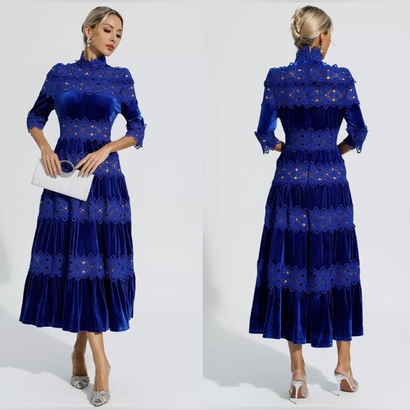 NWT Patch Work Velvet Long Sleeve A-line Maxi Dress In Royal Blue. Size XL - Picture 1 of 16